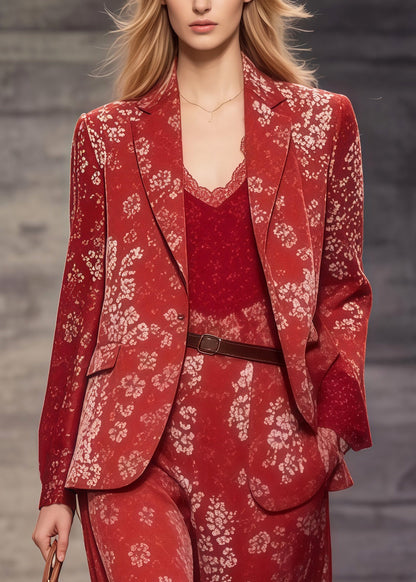 Red Notched Print Spandex Coats and Jumpsuits Two Pieces Set Spring