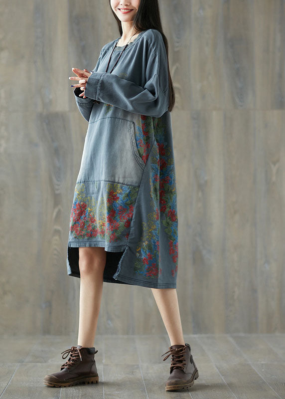 Art Grey O-neck Asymmetrical Pullover Dresses Spring