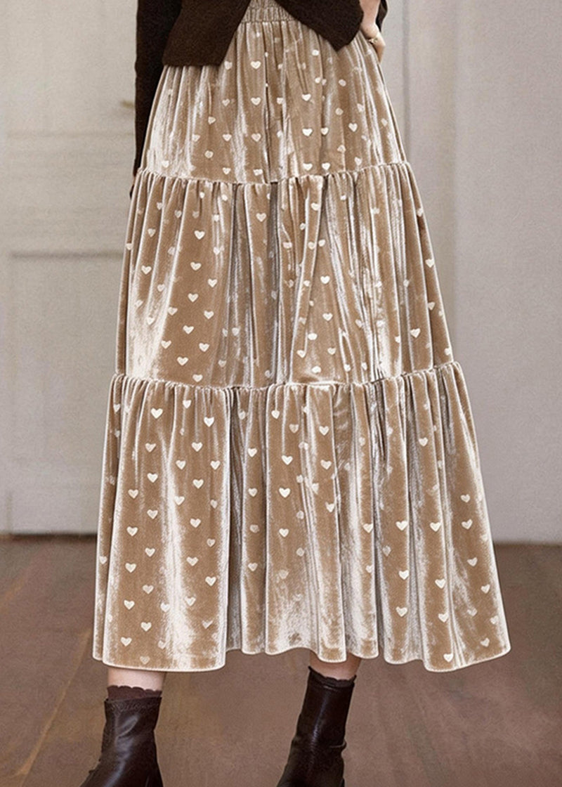 Khaki Love Print Patchwork Silk Velvet Skirts Spring