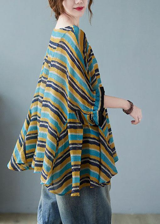 Italian Blue Asymmetric Striped Tee Batwing Sleeve