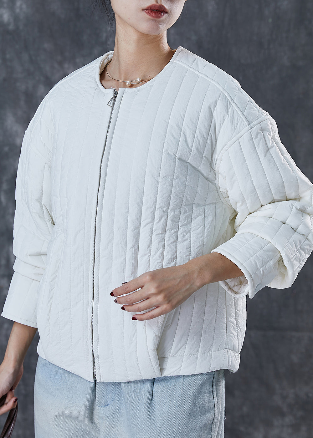 White Fine Cotton Filled Jacket O-neck Zip Up Spring