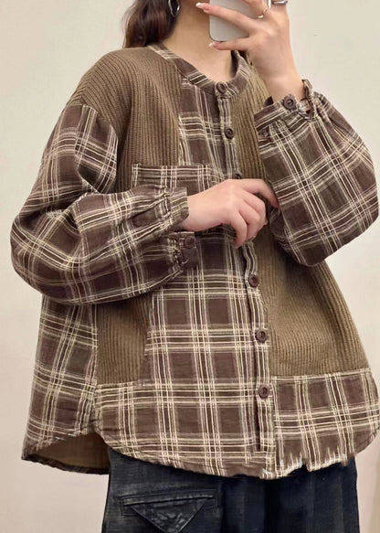 Green Button Print Patchwork Linen Shirt Top Fall