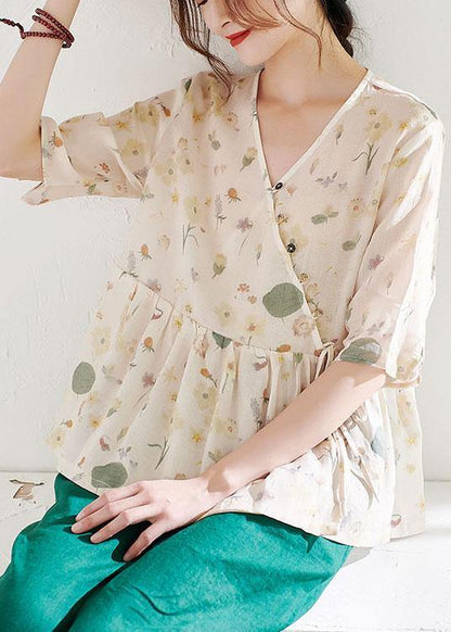 Classy Apricot Print Button Summer Ramie Half Sleeve