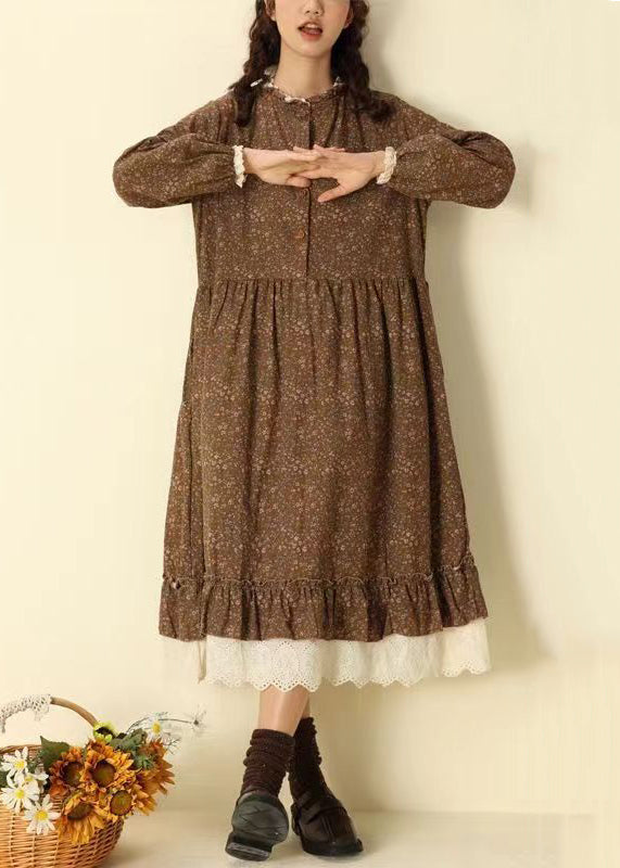 Coffee Ruffled Print Pockets Patchwork Cotton Long Dresses Fall