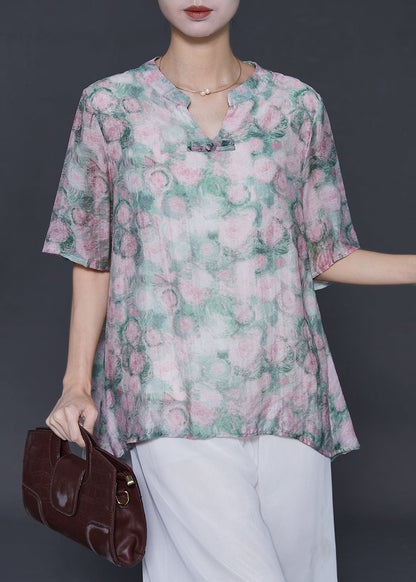Green Oversized Print Cotton Blouses Summer