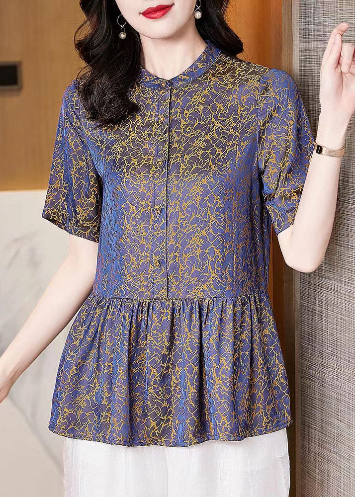 Purple Stand Collar Wrinkled Patchwork Chiffon Blouses Summer
