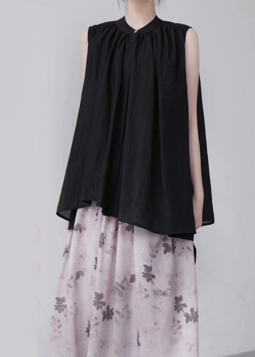 Organic Black Stand Collar Cotton a Line Shirt Sleeveless