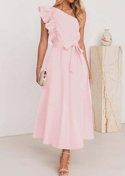 Green Ruffled Tie Waist Cotton Long Dress Summer