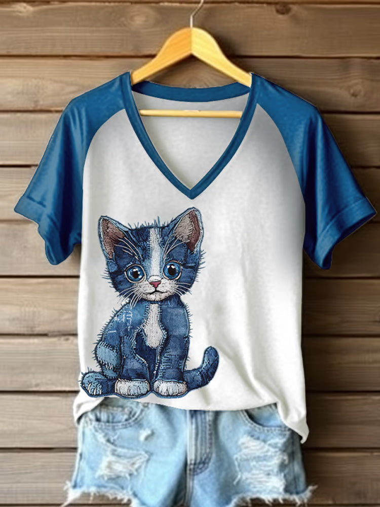 Women's Retro Funny Denim Patch Animal Cat Print Raglan Short Sleeve T-shirt elevenforest