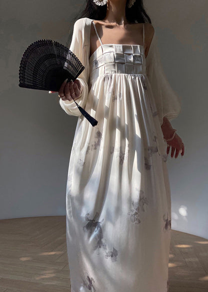 Boutique White Print Silk Dress Two Pieces Set Spring