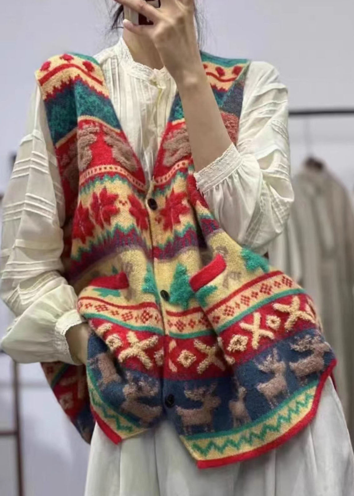 Modern Red V Neck Animal Button Cotton Knit Waistcoat Fall