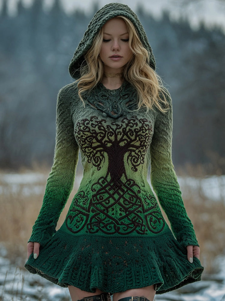 Vintage Tree Of Life Pattern Gradient Hooded Sweater Dress artswardrobe