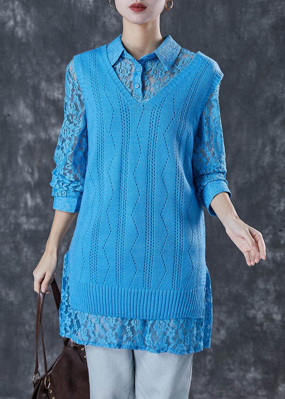 Blue Hollow Out Knit Vest and Lace Shirt Two Piece Set Spring