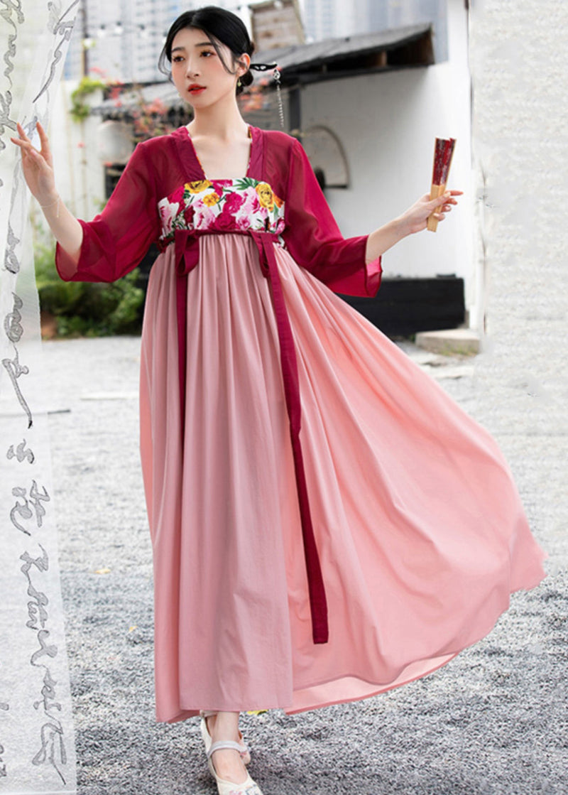 Red Embroideried Lace Up Wrinkled Patchwork Chiffon Long Dresses Summer