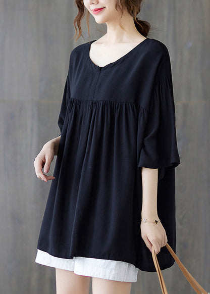 Black O-neck Wrinkled Cotton Tank Tops Half Sleeve