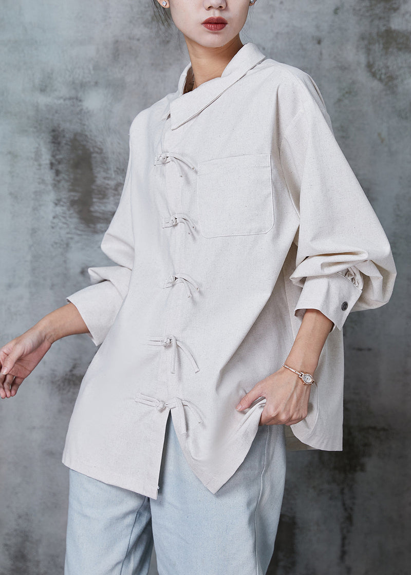 Beige Oversized Chinese Button Cotton Shirt Top Spring