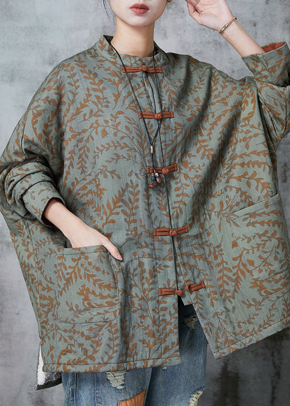 Green Oversized Print Cotton Oriental Coat Spring