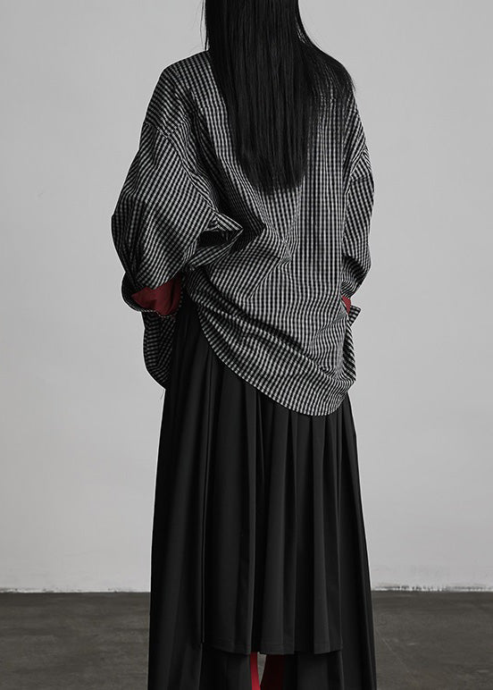 Black Peter Pan Collar Plaid Button Cotton Shirts Fall