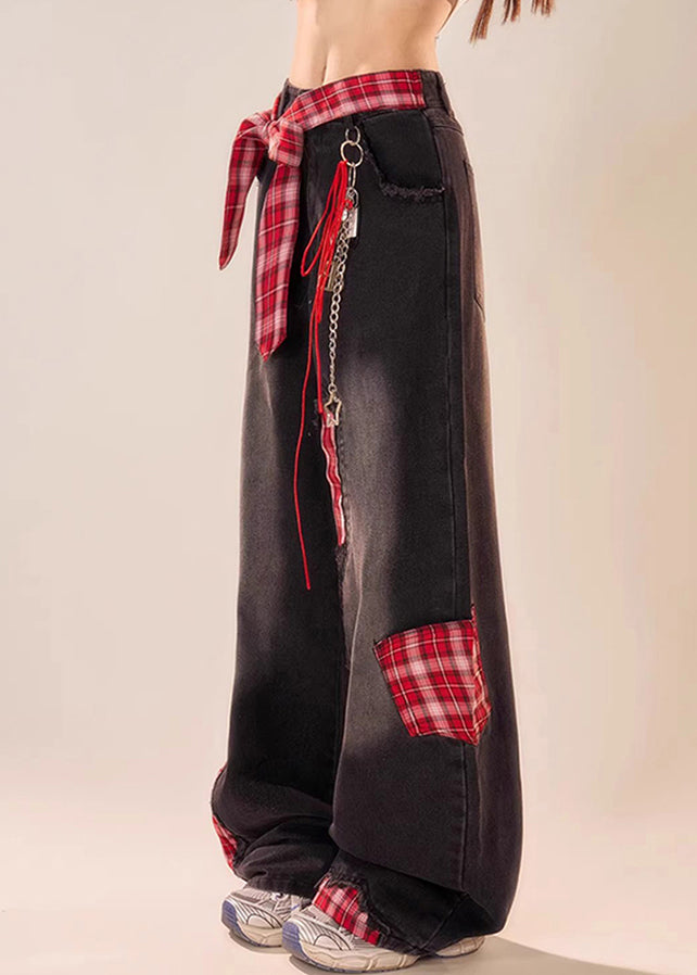 Black Bow Plaid Patchwork Denim Wide Leg Pants Fall