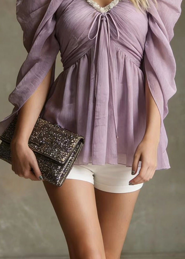 Purple V Neck Cold Shoulder Chiffon Tops Summer