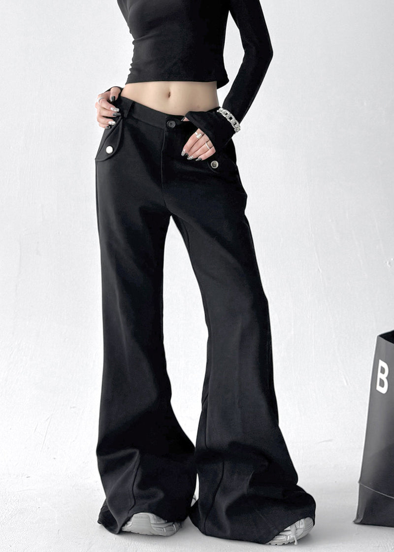 Grey Pockets Patchwork Cotton Flared Trousers Fall