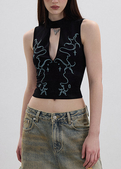Black Hollow Out Embroidered Cotton Tank Sleeveless