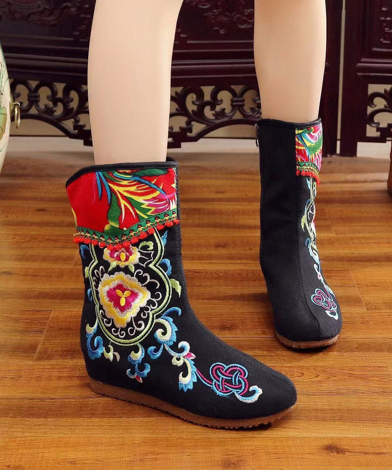 Handmade Comfy Red Embroidery Wedge Boots