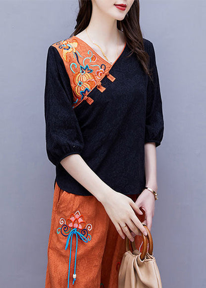 Handmade White V Neck Embroideried Button Top Half Sleeve