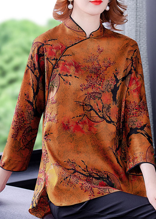 Ginger Stand Collar Side Open Print Silk Blouse Top Spring