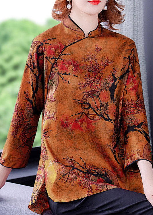 Ginger Stand Collar Side Open Print Silk Blouse Top Spring
