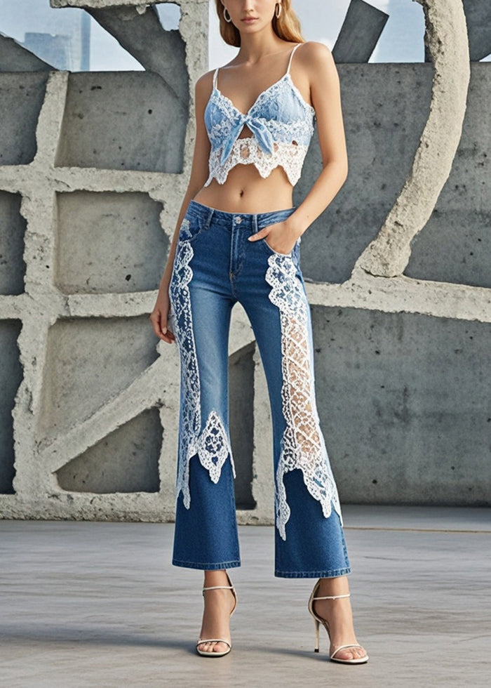 Denim Blue Lace Patchwork Slim Fit Flared Trousers Fall