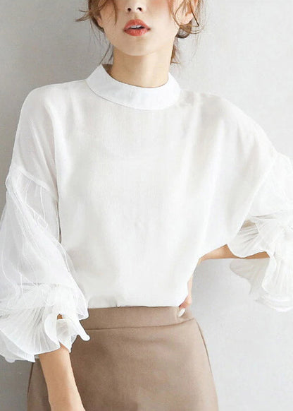 Diy Pink O-neck Tulle Patchwork Chiffon Shirt Lantern Sleeve