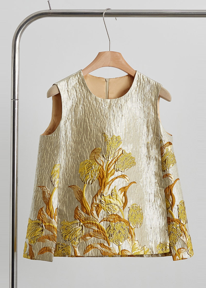 New Retro Golden Jacquard Silk Two Pieces Set Sleeveless