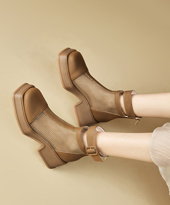 Brown Chunky Faux Leather Breathable Mesh Splicing Sandals