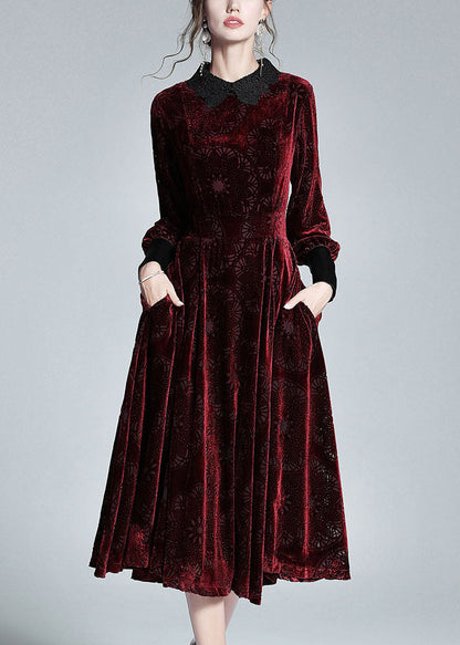 Mulberry Peter Pan Collar Patchwork Velour Dress Spring