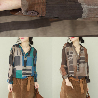 French V Neck Chiffon Shirts Photography Brown Plaid Box Shirt