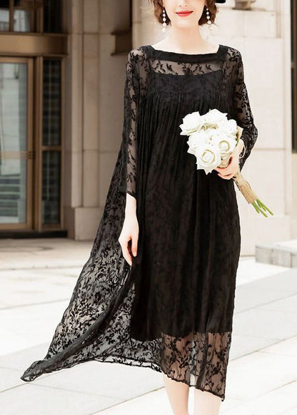 Handmade Black Square Collar Embroideried Silk a Line Dresses Summer