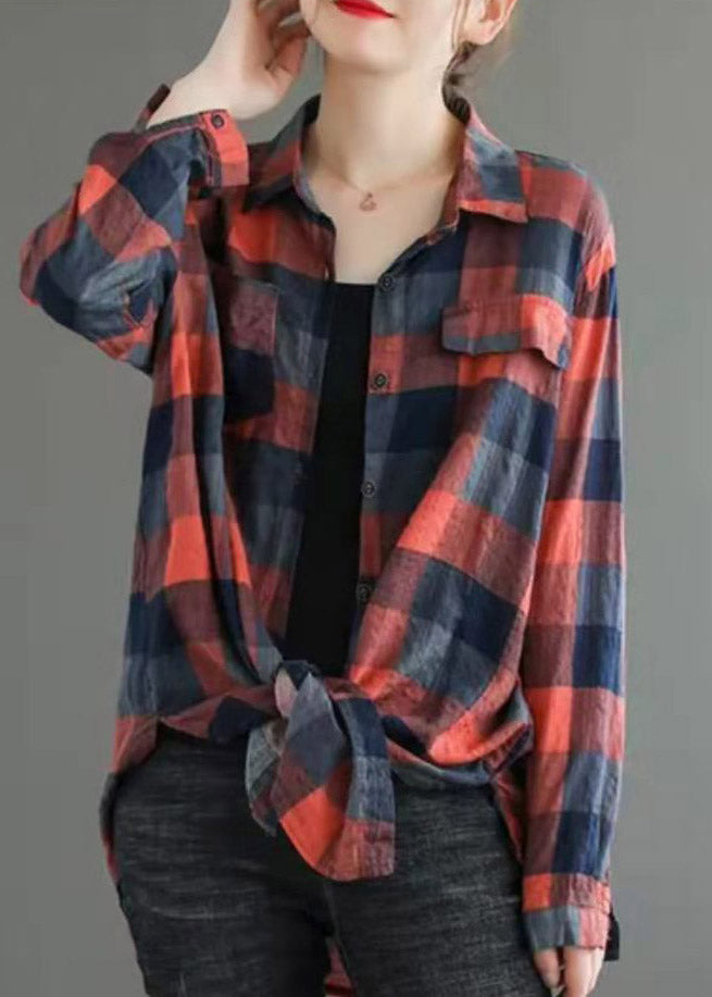 Red Pockets Peter Pan Collar Plaid Button Shirt Long Sleeve