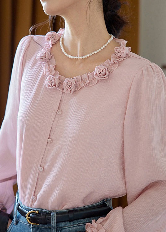 French White Ruffled Cotton Shirts Spring