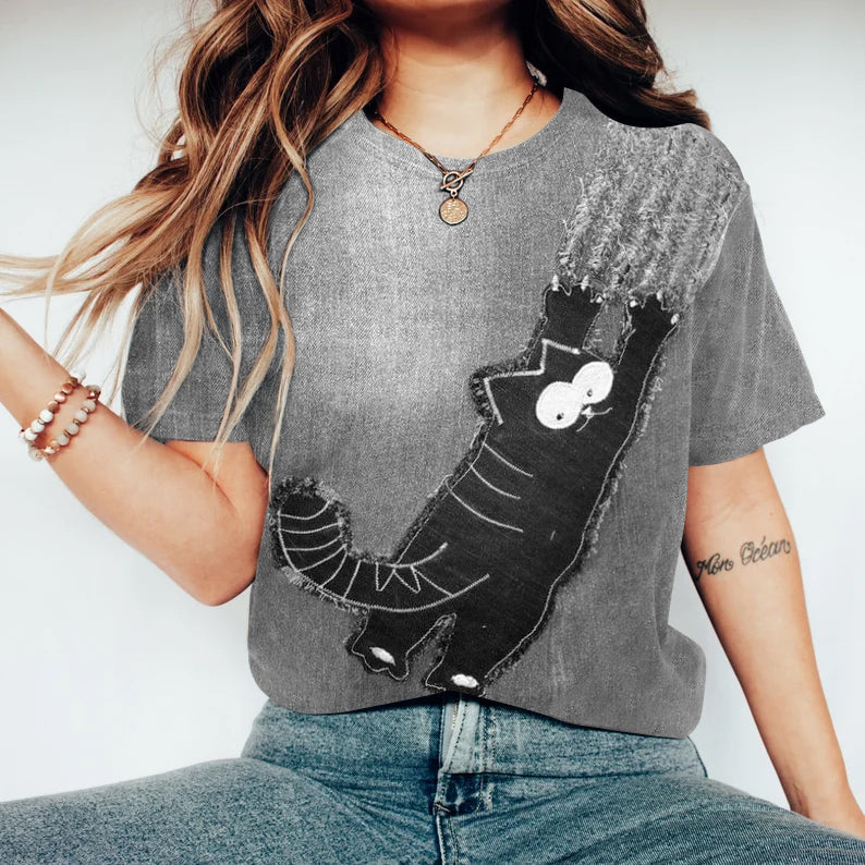 Comstylish Retro Fun Lovely Black Cat Applique Art Crewneck Cozy T Shirt