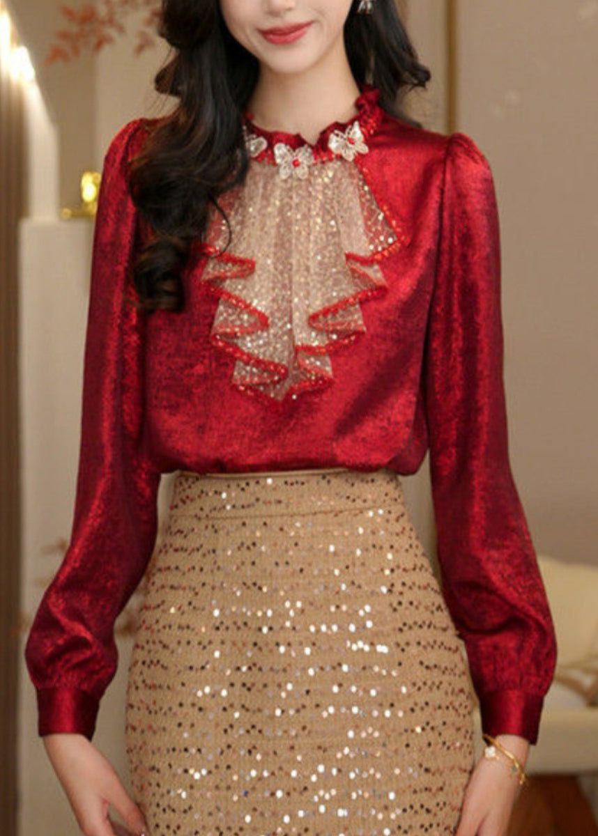Red Ruffled Sequins Patchwork Silk Shirt Top Spring