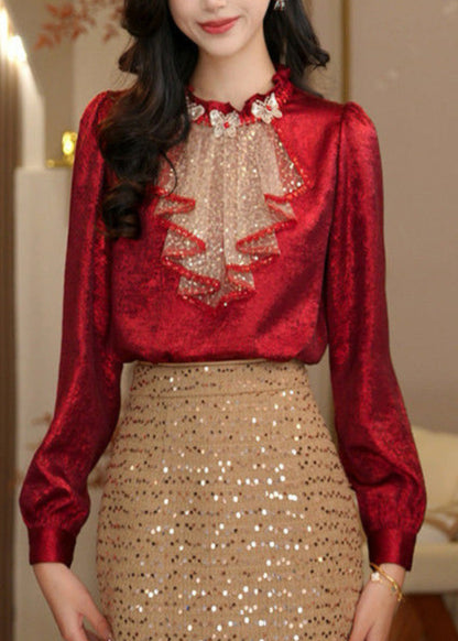 Red Ruffled Sequins Patchwork Silk Shirt Top Spring