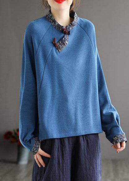 Art Black Top Stand Collar Patchwork Daily Spring Shirt