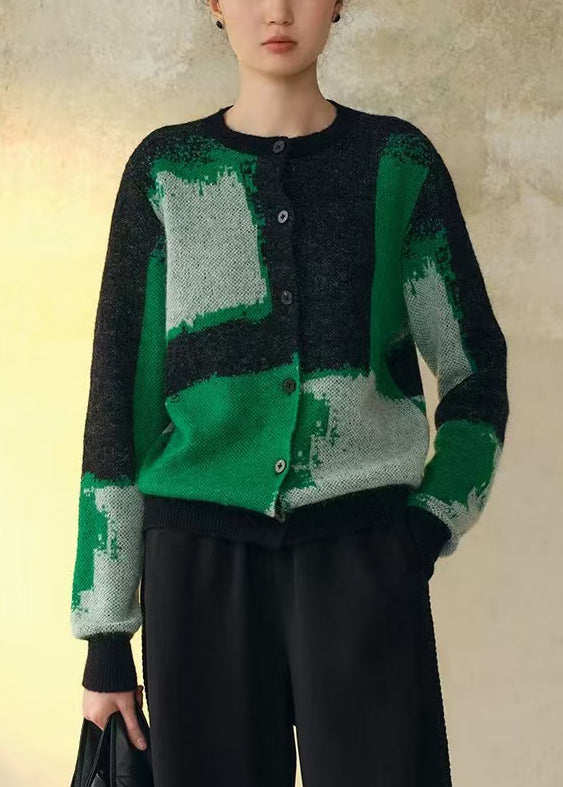 Green Geometric Button Patchwork Woolen Knit Coat Fall