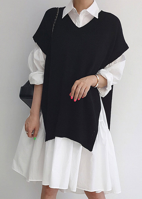 Stylish Side Open Knit Vests and Shirt Dresses Two Pieces Set Spring