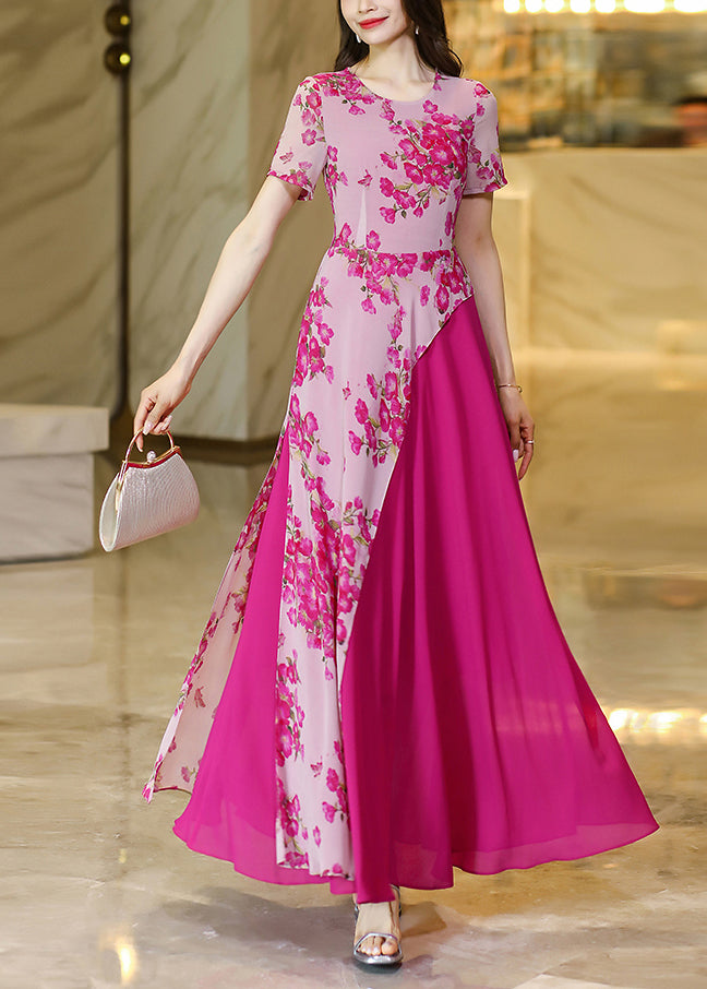 Rose Asymmetrical Print Patchwork Chiffon Dresses Summer