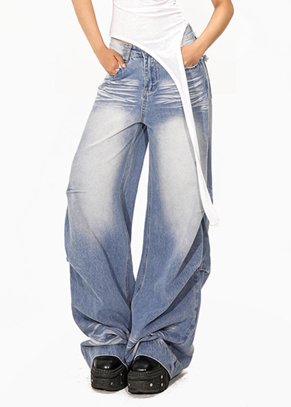Light Blue Wrinkled Pockets Patchwork Wide Leg Jeans