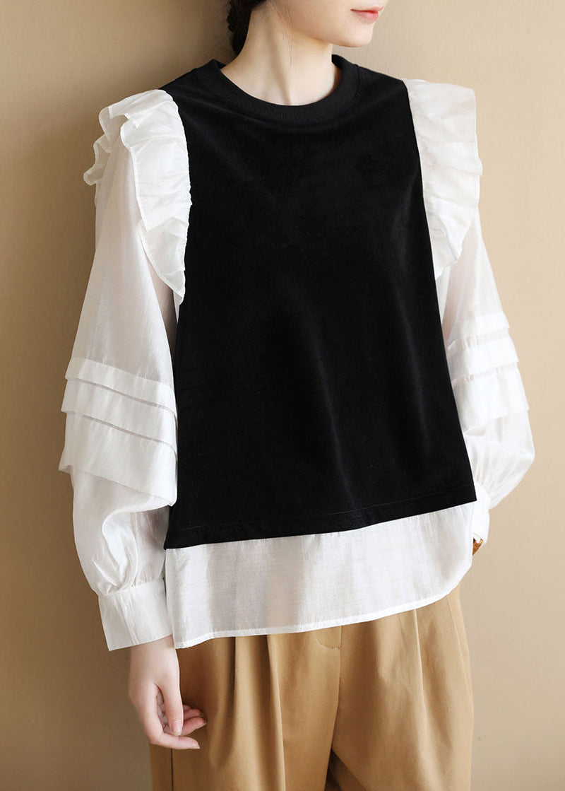 Unique Black White O-neck Ruffles Patchwork Cotton Fake Two Piece Shirt Long Sleeve