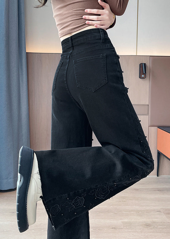 Black Embroidered Nail Bead Denim Bell-bottom Trousers Fall