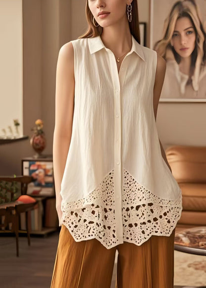 White Peter Pan Collar Patchwork Cotton Blouses Sleeveless